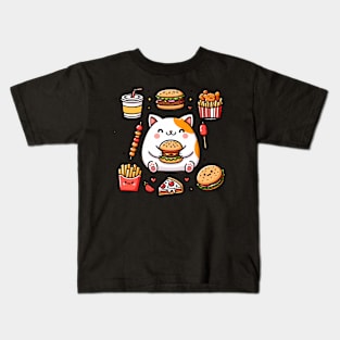 Funny Cat in Love with Fast Food, Burger, Pizza and Fries Kids T-Shirt